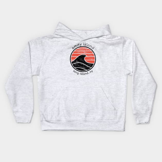 Amity Island - Long Island, NY Shark Fin Wave Kids Hoodie by Contentarama